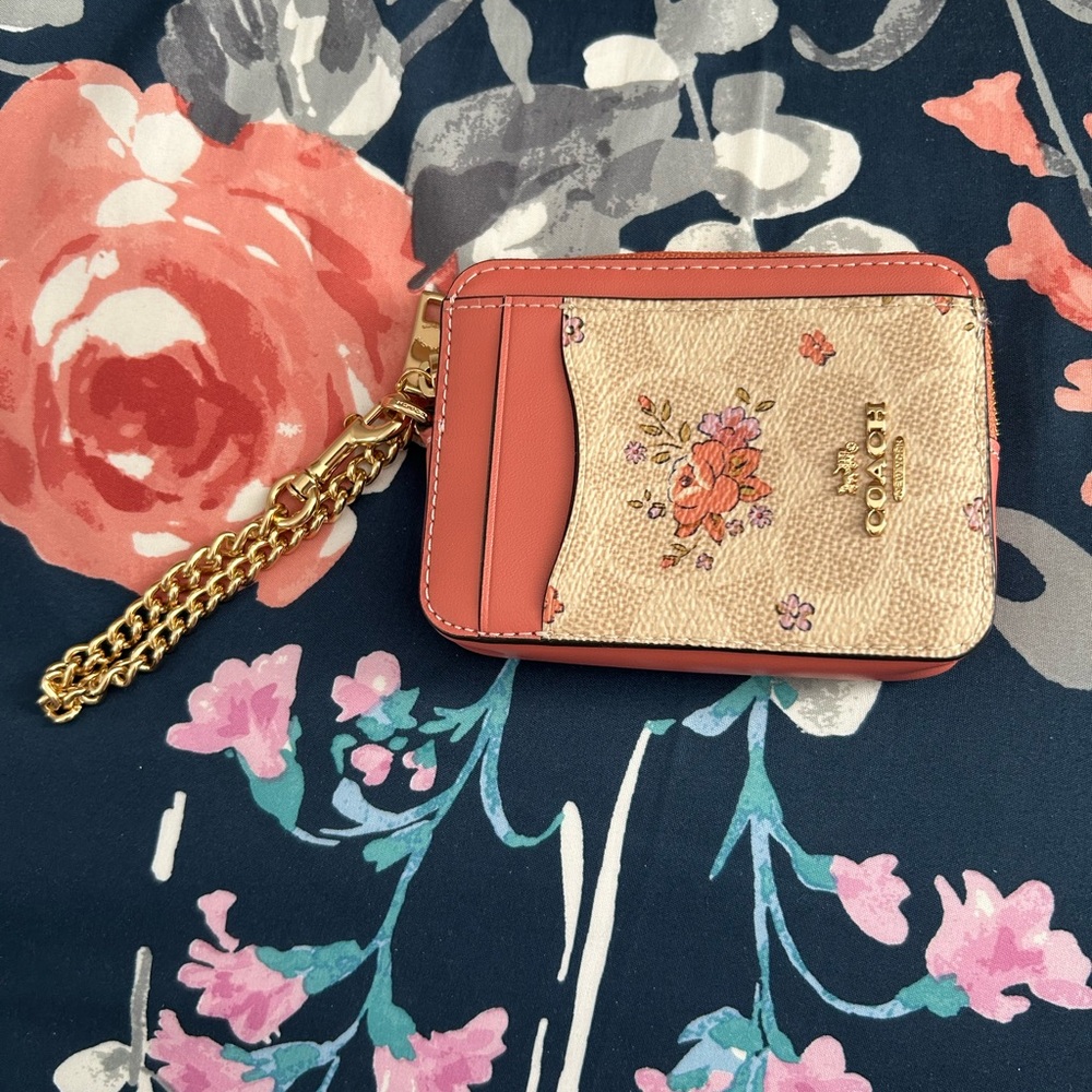Coach Floral Leather Zip Card Case Wristlet in Coral